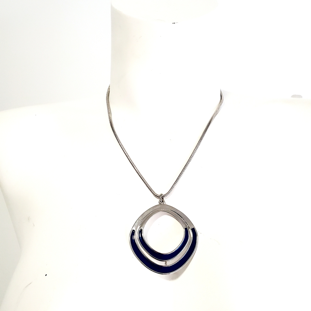 Silver-Tone Blue Enamel Crescent Pendant Necklace - Women Jewelry